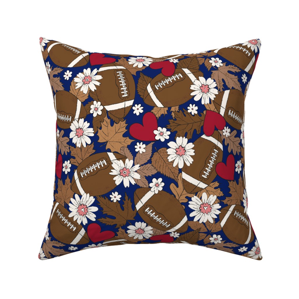 Football Fall and Florals Pillow, Woven, Beige, 16x16, Single Sided, Blue, Royal