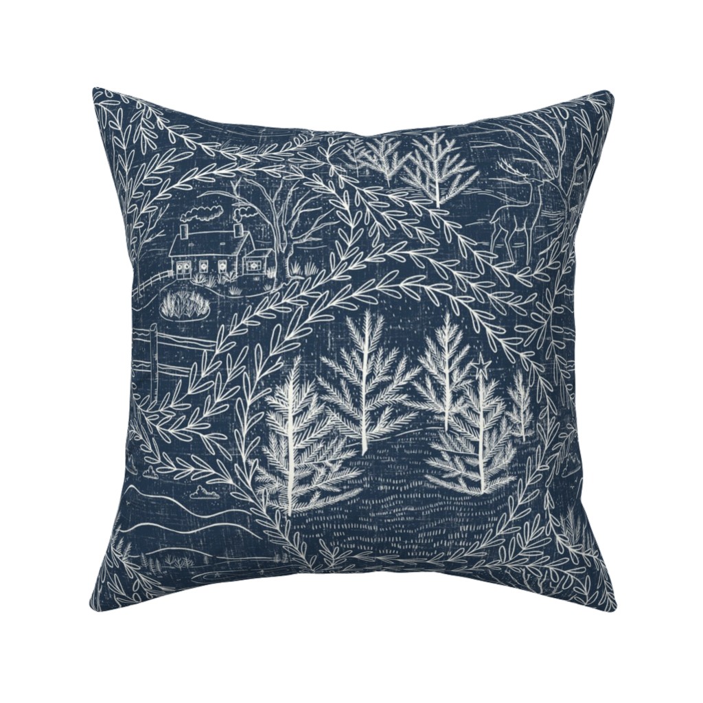 Winter Holiday Toile - Navy Pillow, Woven, Beige, 16x16, Single Sided, Blue, True Blue