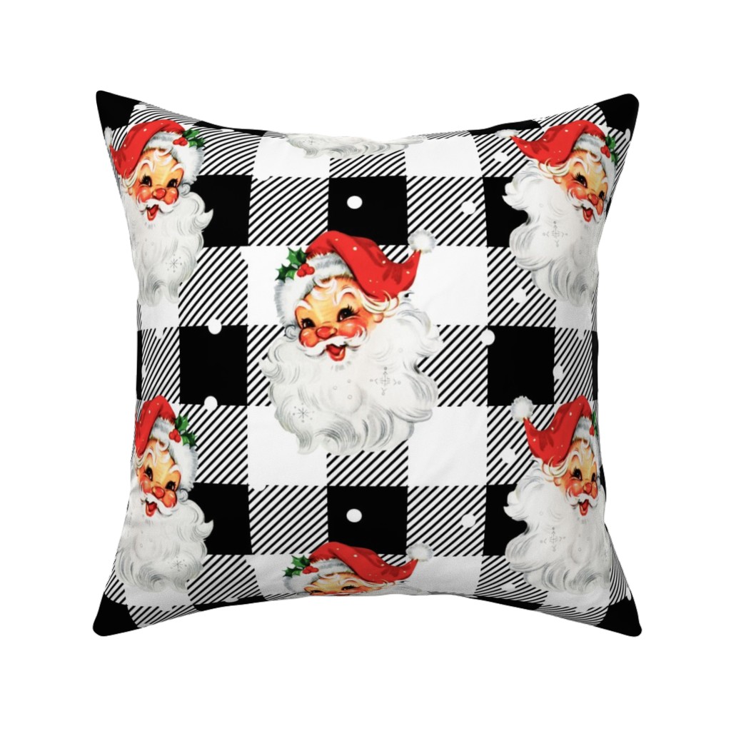 Jolly Retro Santa and Plaid - Black and White Pillow, Woven, Beige, 16x16, Single Sided, Multicolor
