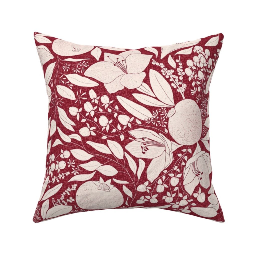 Winter Florals - Burgundy Pillow, Woven, Beige, 16x16, Single Sided, Red