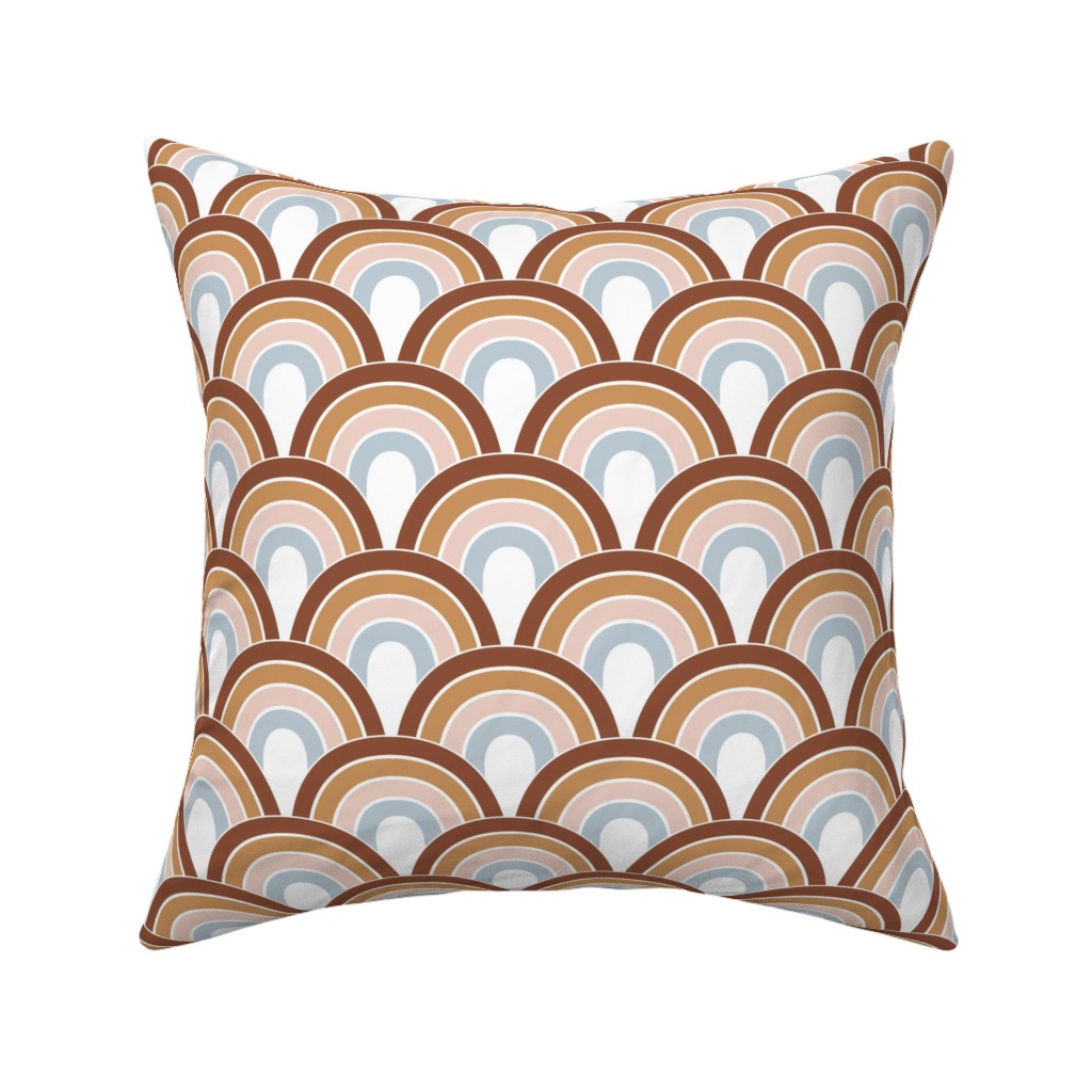 Retro Rainbow Waves - Scales and Curves - Rust Beige Blush Blue on White Pillow, Woven, Beige, 16x16, Single Sided, Orange, Orange