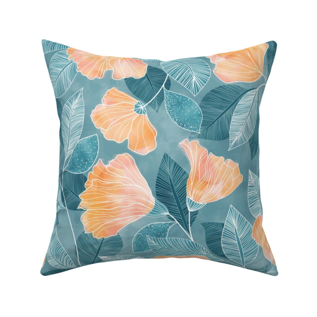 Rose of Sharon - Pink & Blue Pillow, Woven, Beige, 16x16, Single Sided, Blue