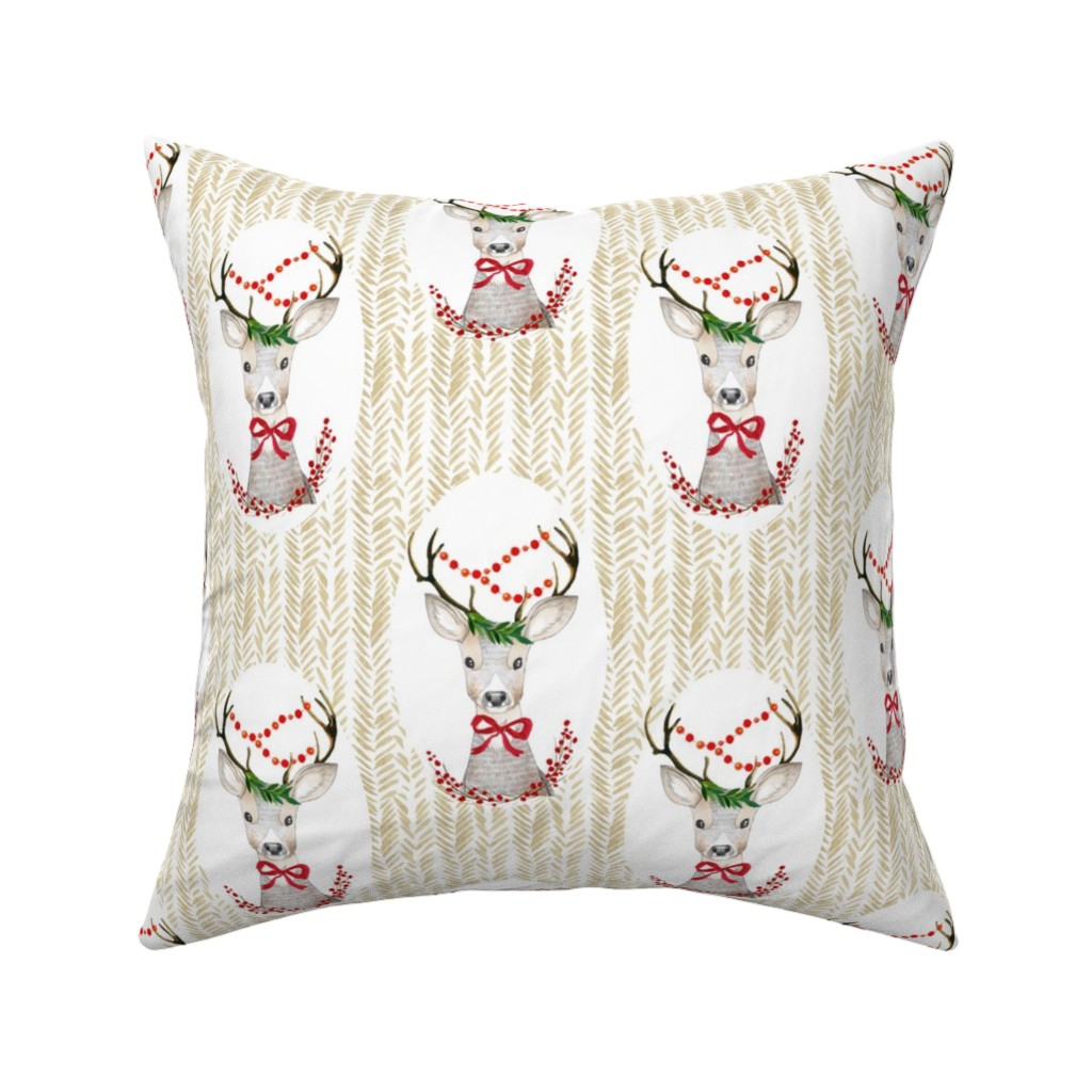 Holiday Fancy Deer Pillow, Woven, Beige, 16x16, Single Sided, Multicolor