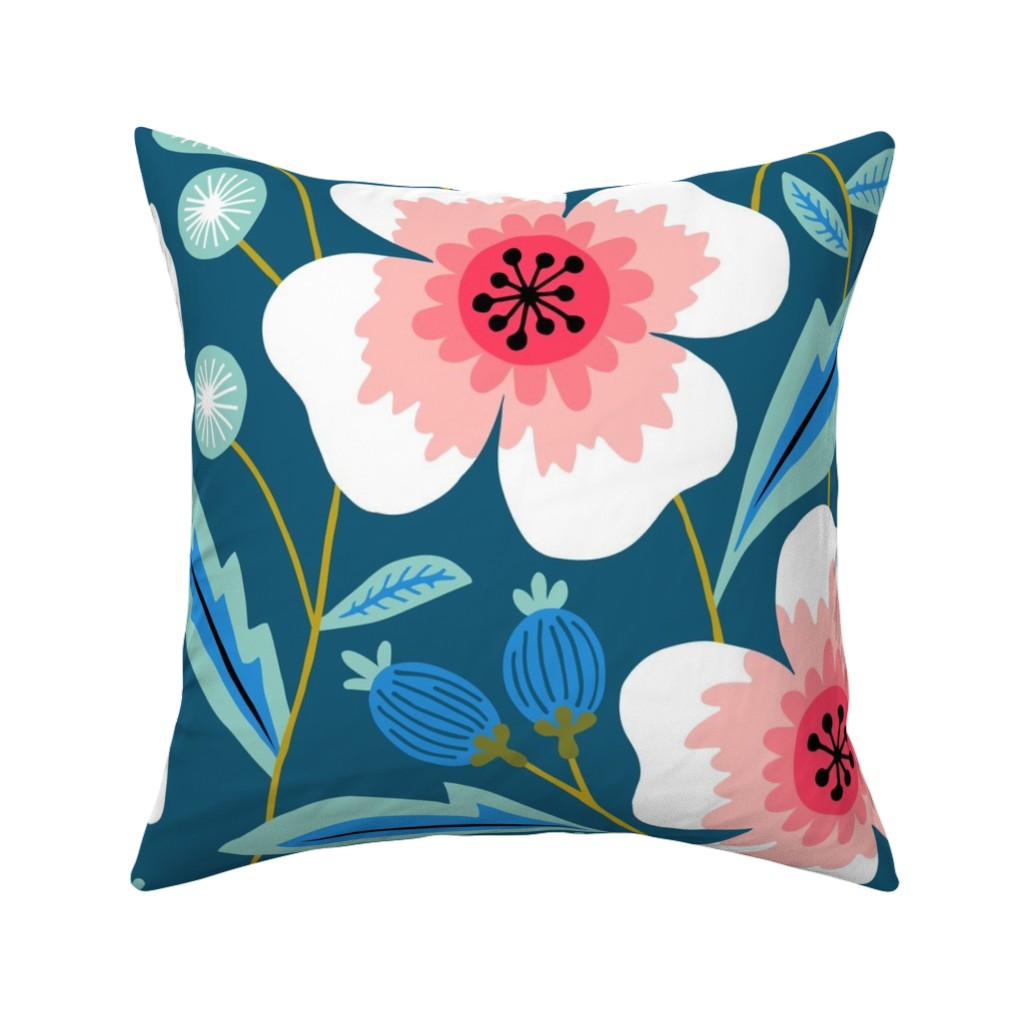 Colorful Spring Flowers - Pink on Blue Pillow, Woven, Beige, 16x16, Single Sided, Green