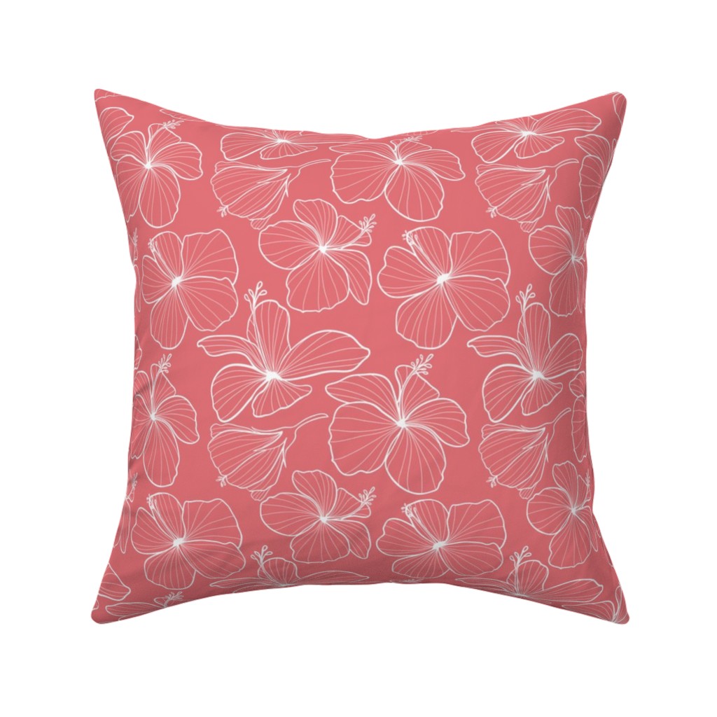 Hibiscus Line Art - Pink Pillow, Woven, Beige, 16x16, Single Sided, Pink