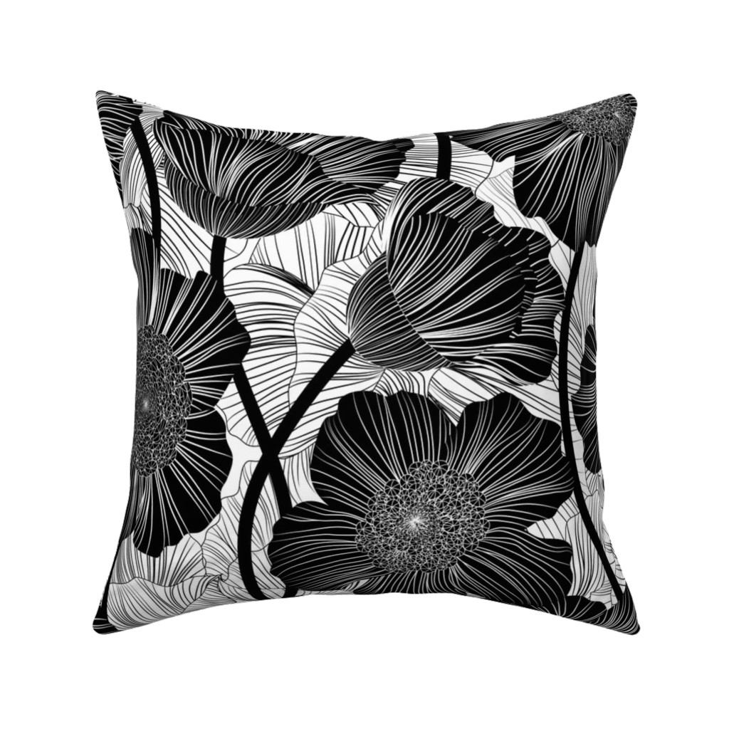 Mid Century Modern Floral - Black and White Pillow, Woven, Beige, 16x16, Single Sided, Black, Black