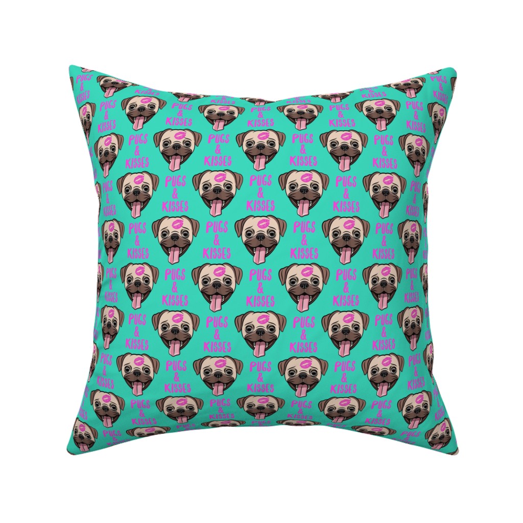 Pugs & Kisses - Cute Pug Dog - Teal Pillow, Woven, Beige, 16x16, Single Sided, Green