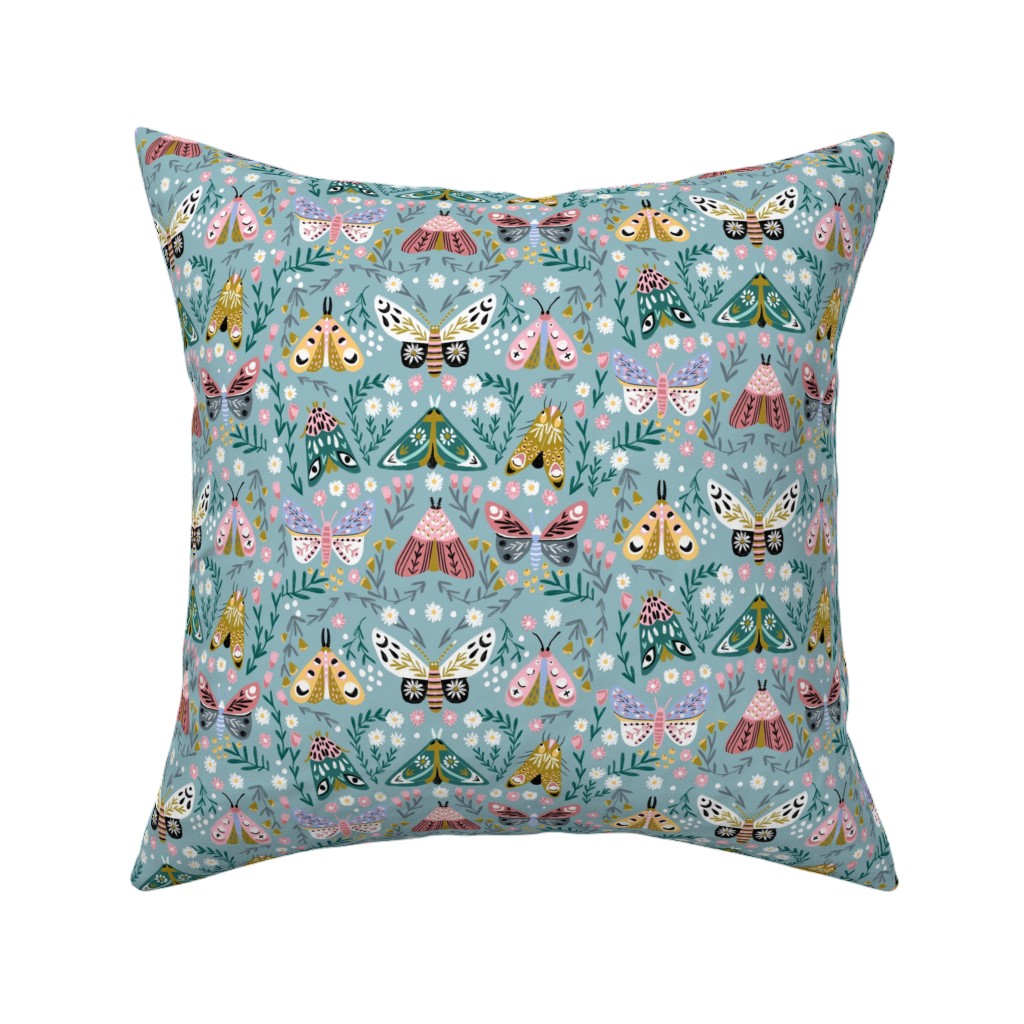 Spring Floral and Butterflies - Blue Pillow, Woven, Beige, 16x16, Single Sided, Multicolor