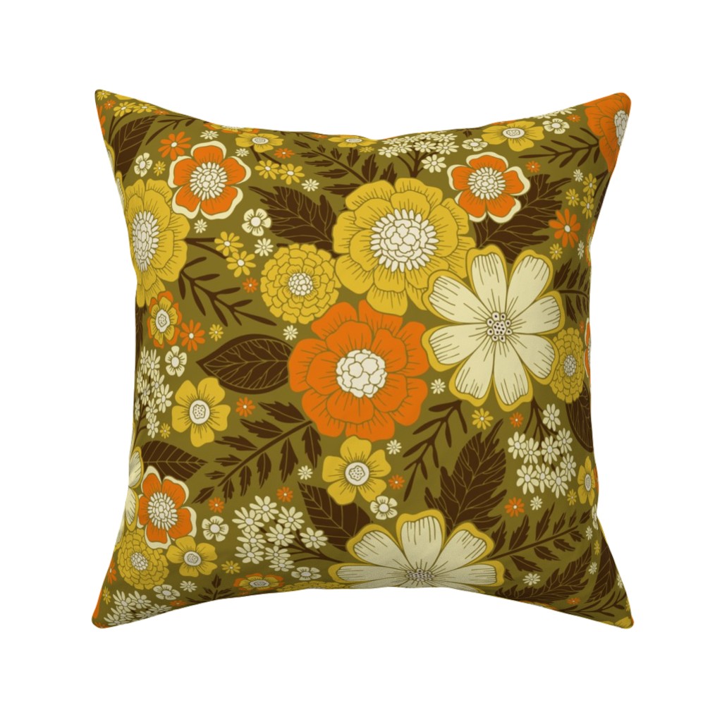 1970s Retro/Vintage Floral - Yellow and Brown Pillow, Woven, Beige, 16x16, Single Sided, Yellow