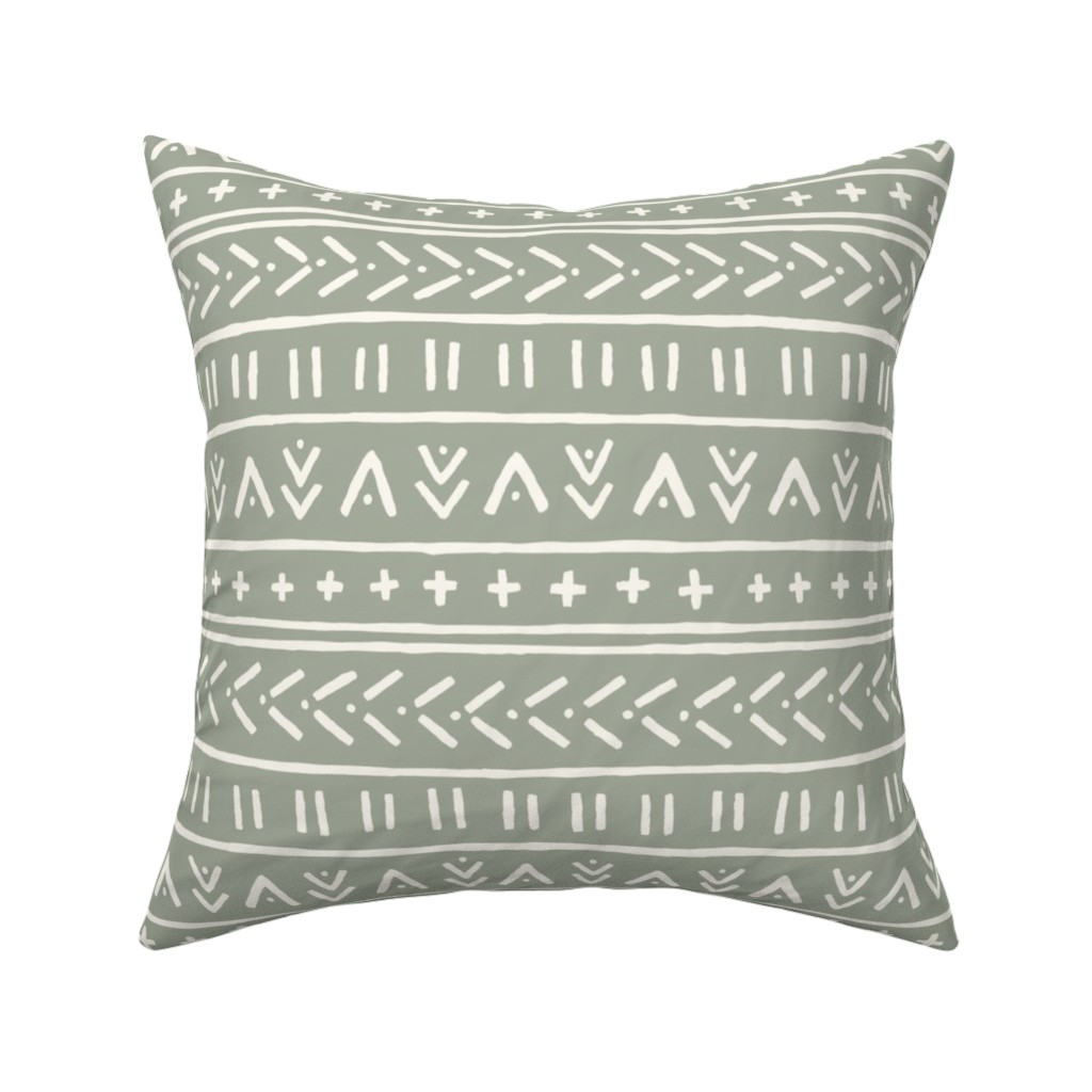 Organic Mudcloth - Bone on Desert Sage Pillow, Woven, Beige, 16x16, Single Sided, Green, Classic Green
