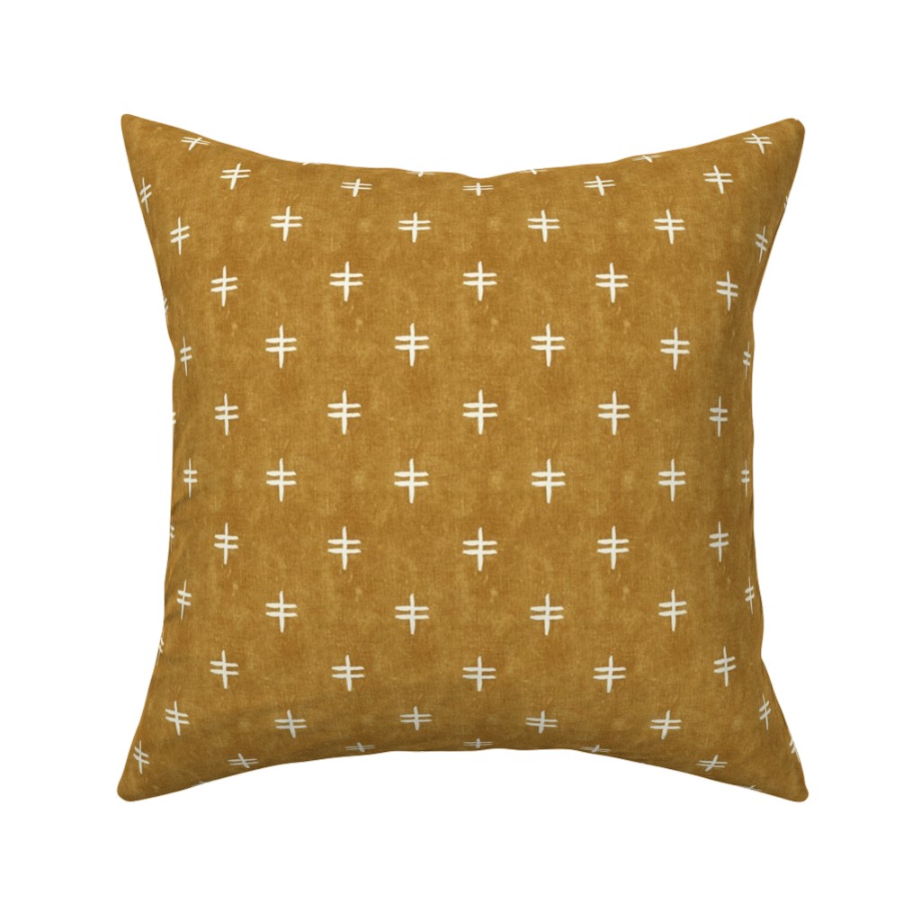 Double Cross Mudcloth Tribal - Mustard Yellow Pillow, Woven, Black, 16x16, Single Sided, Brown