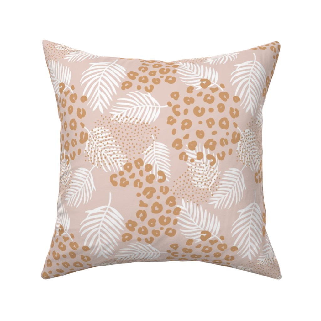 Palm Leaves and Animal Panther Spots - Beige Pillow, Woven, Black, 16x16, Single Sided, Pink