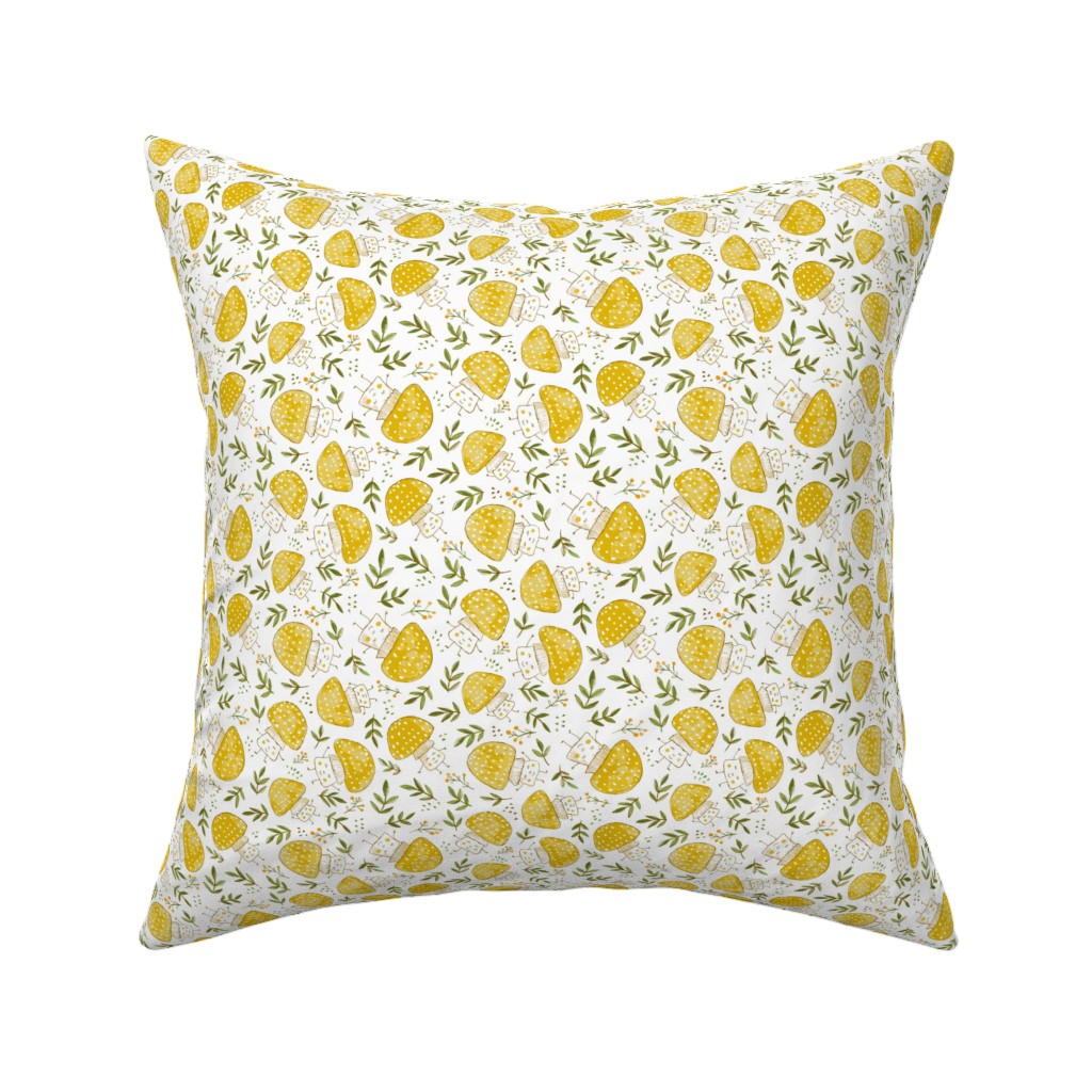 the Happiest Little Mushrooms - Yellow Pillow, Woven, Black, 16x16, Single Sided, Yellow