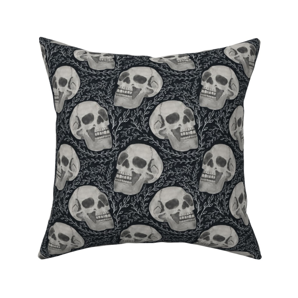 Watercolor Skulls With Flourish - Dark Pillow, Woven, Black, 16x16, Single Sided, Gray