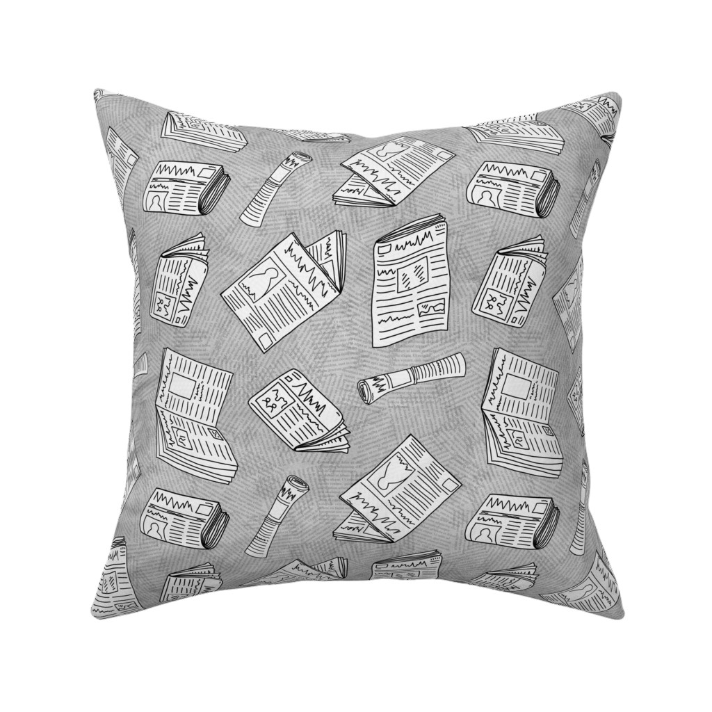 Newsprint Pillow, Woven, Black, 16x16, Single Sided, Gray, Silver