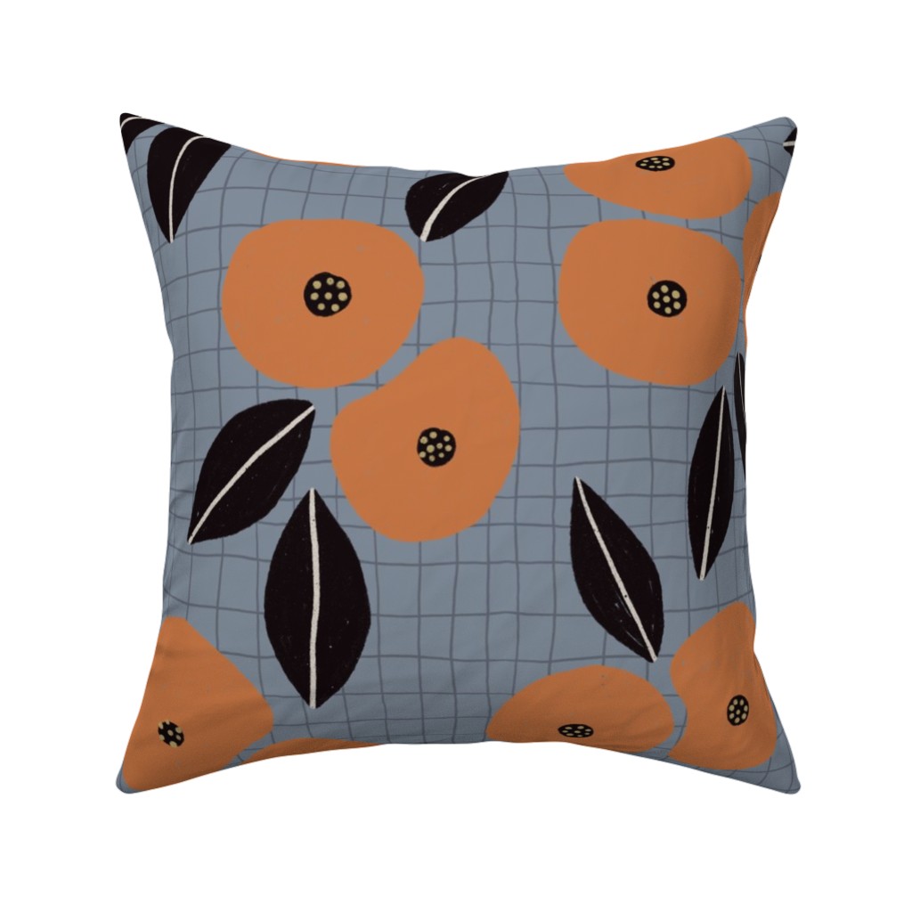 Ingrid Floral - Orange on Blue Pillow, Woven, Black, 16x16, Single Sided, Blue