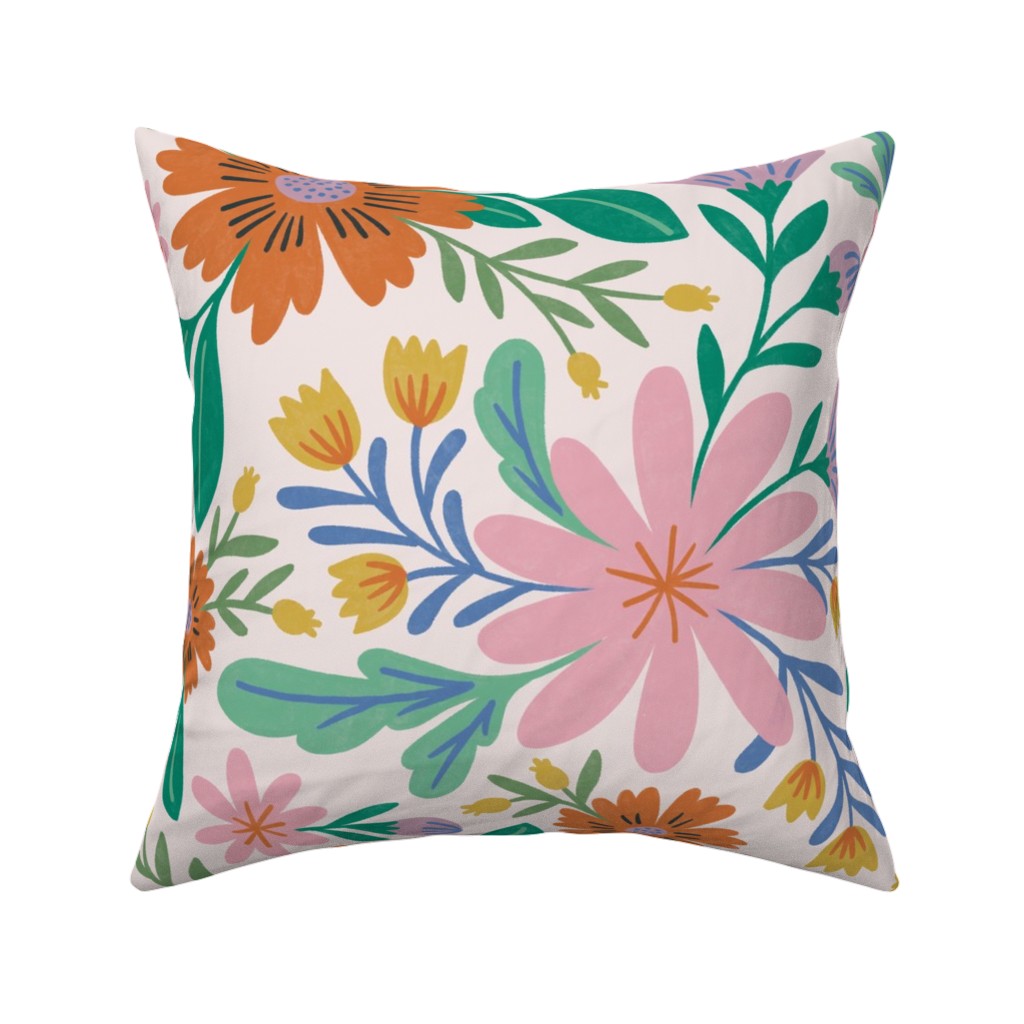 Happy Flowers - Multi on Pink Pillow, Woven, Black, 16x16, Single Sided, Multicolor