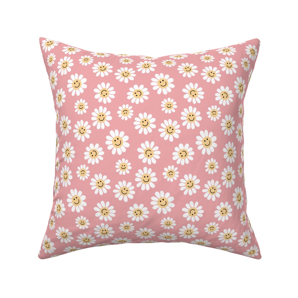 Smiley Daisy Flowers - Pink Pillow, Woven, Black, 16x16, Single Sided, Pink, Bright Pink