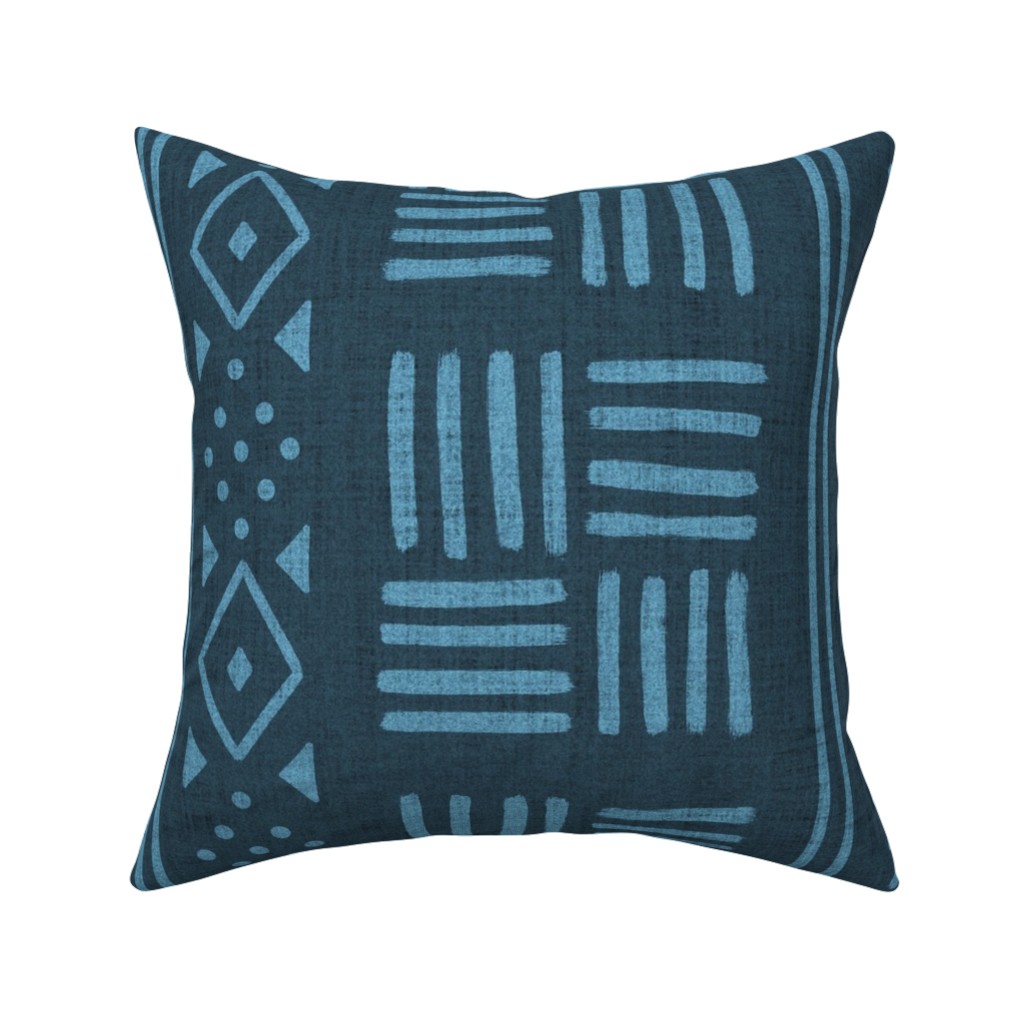Mudcloth Geometric Motifs Pillow, Woven, Black, 16x16, Single Sided, Blue, Bluebird