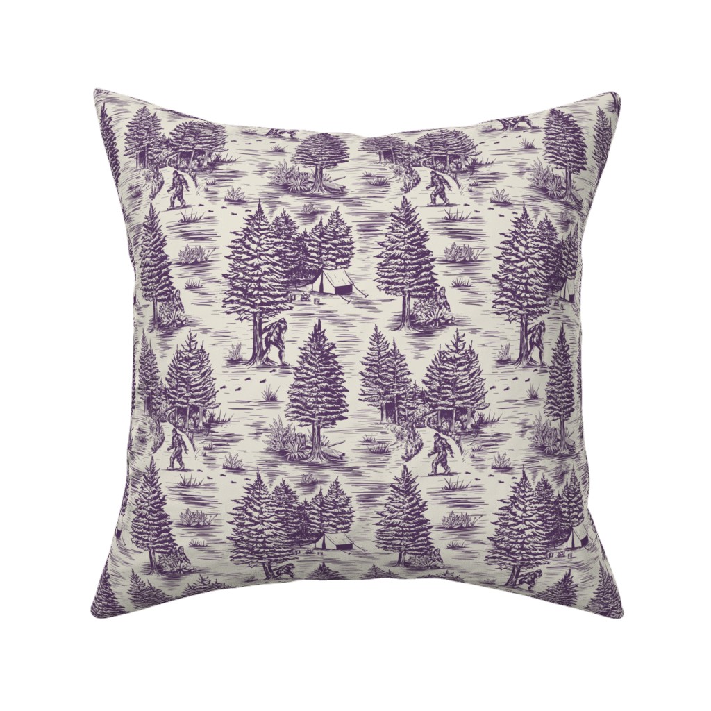 Bigfoot Sasquatch Toile De Jouy Pillow, Woven, Black, 16x16, Single Sided, Purple