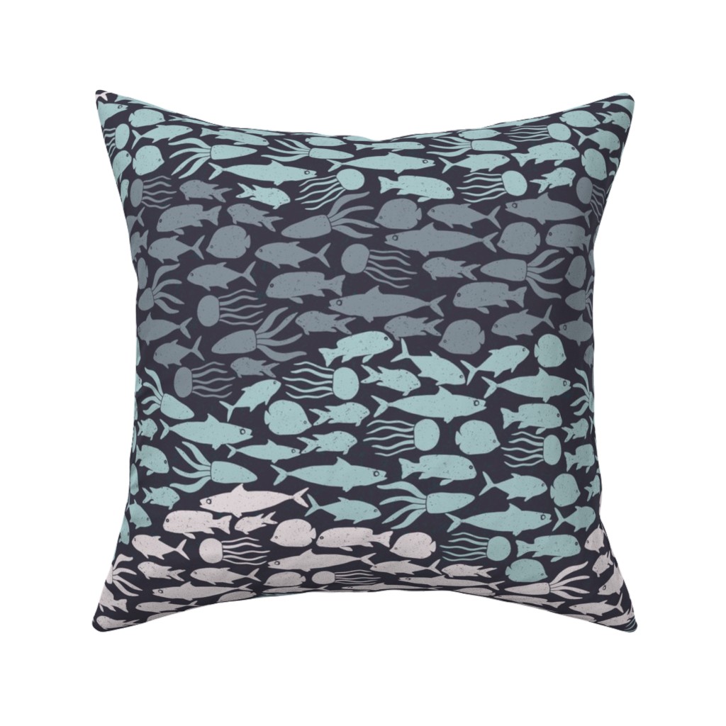 Fish School in Gray Aqua Dark Background Pillow, Woven, Black, 16x16, Single Sided, Blue, True Blue