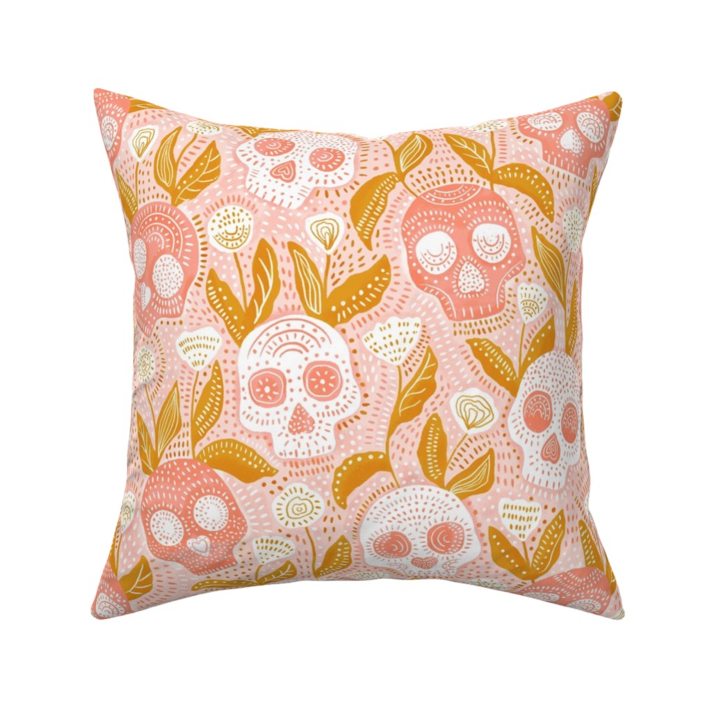 Halloween Skulls - Pastel Pillow, Woven, Black, 16x16, Single Sided, Pink