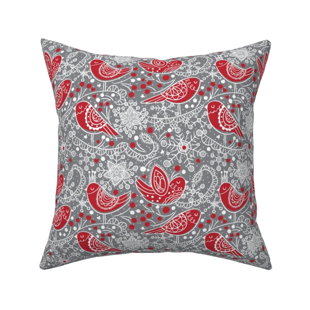 Winter Frost Lace - Gray and Red Pillow, Woven, Black, 16x16, Single Sided, Red