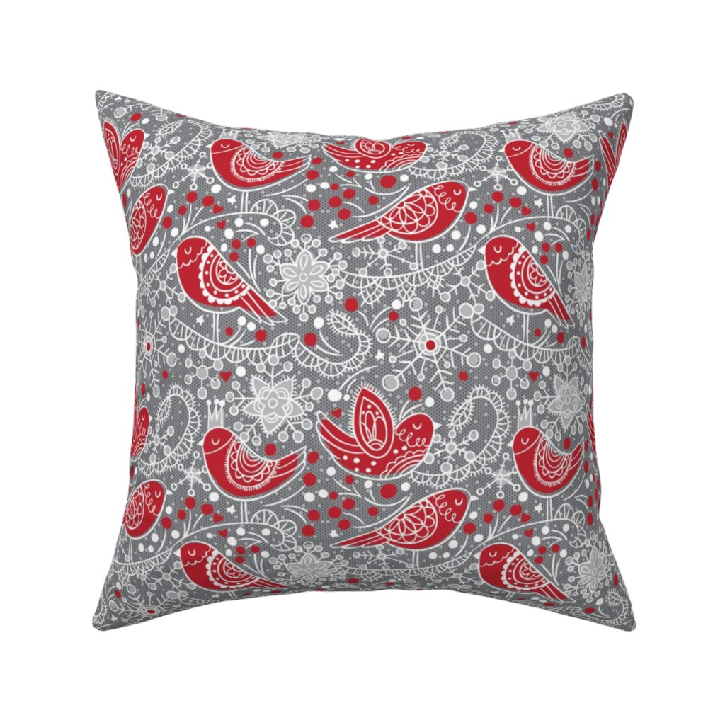 Winter Frost Lace - Gray and Red Pillow, Woven, Black, 16x16, Single Sided, Red, Red