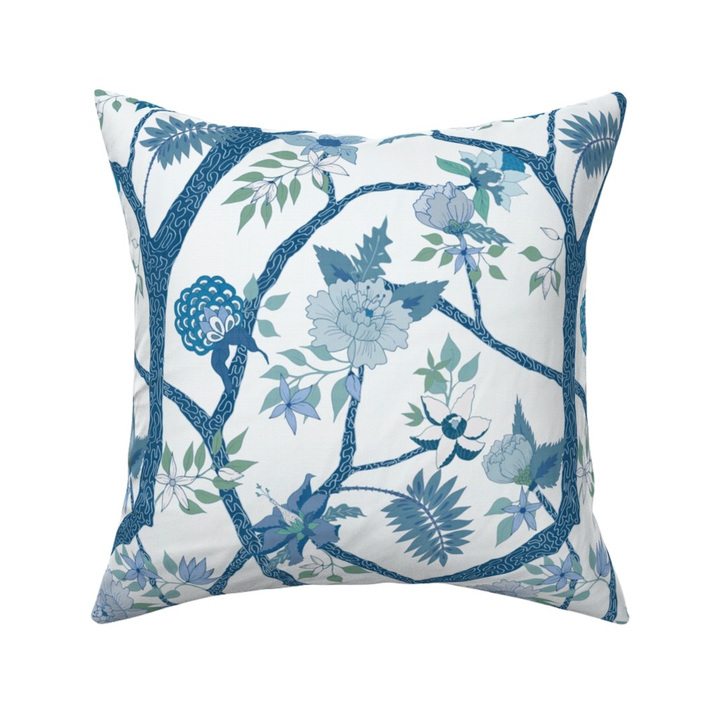 Peony Branch Mural - Blue and Green Pillow, Woven, Black, 16x16, Single Sided, Blue, True Blue