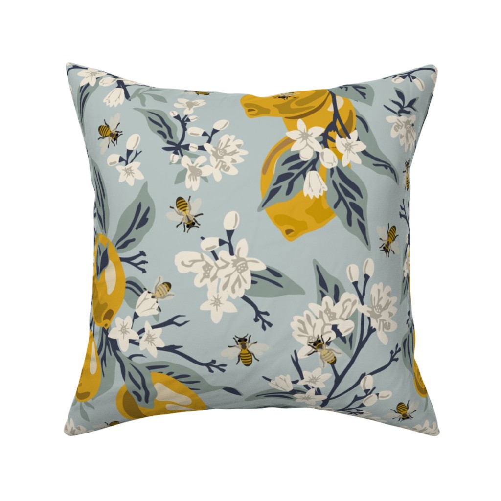 Bees & Lemons Pillow, Woven, Black, 16x16, Single Sided, Blue, Celeste