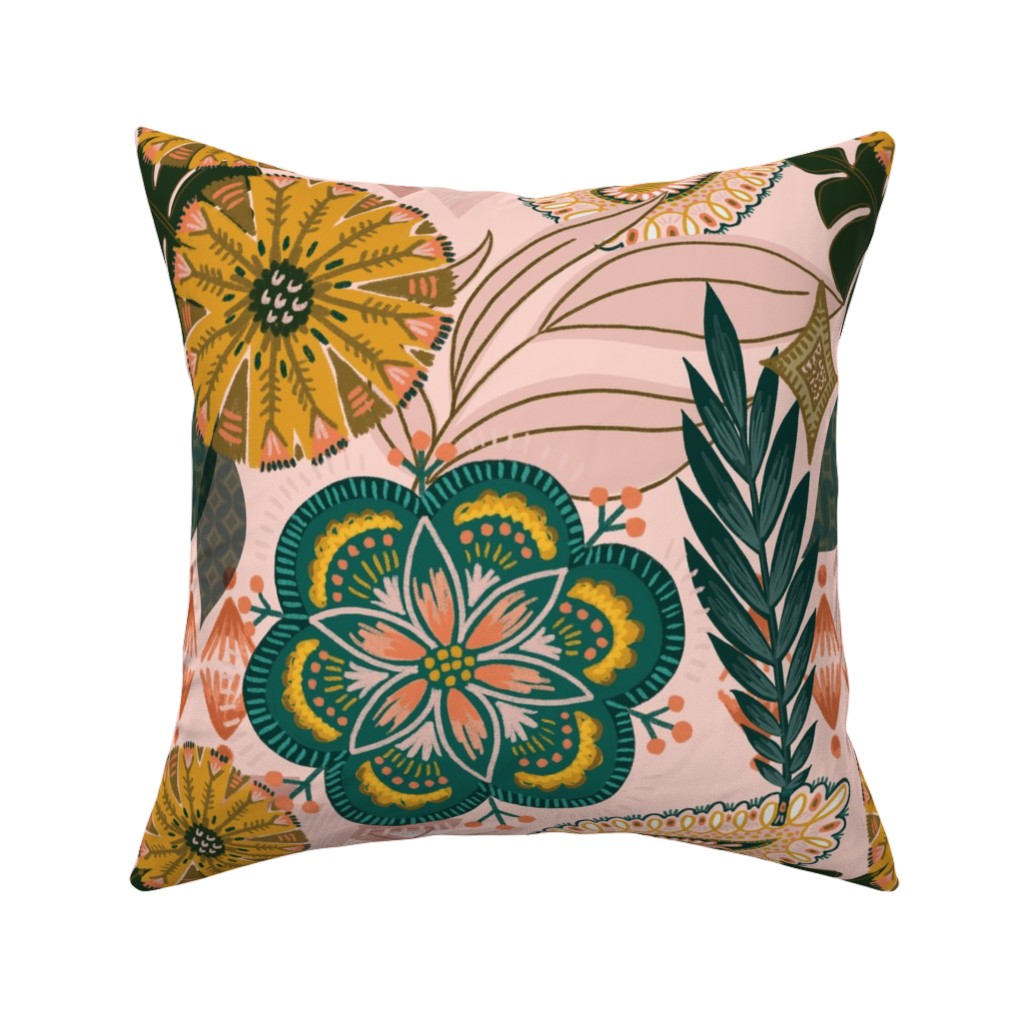 Boho Tropical - Floral - Pink Pillow, Woven, Black, 16x16, Single Sided, Multicolor