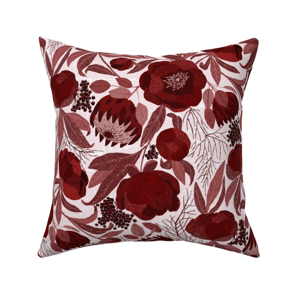 Peony and King Protea - Burgundy Pillow, Woven, Black, 16x16, Single Sided, Red, Red