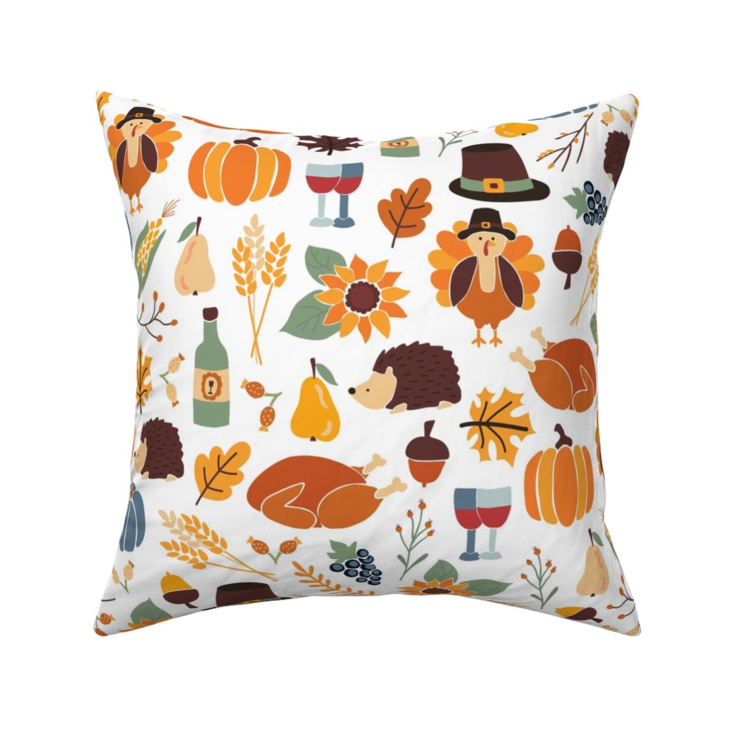 Thanksgiving - Multi on White Pillow, Woven, Black, 16x16, Single Sided, Multicolor