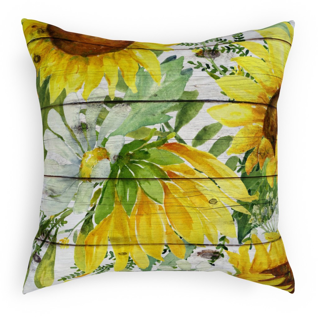 Watercolor Sunflowers and Daisies - Multi Pillow, Woven, Beige, 18x18, Single Sided, Multicolor