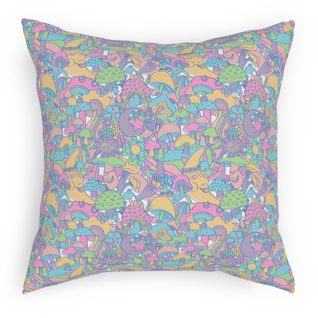 Magical Mushroom World - Pastel Pillow, Woven, Beige, 18x18, Single Sided, Multicolor