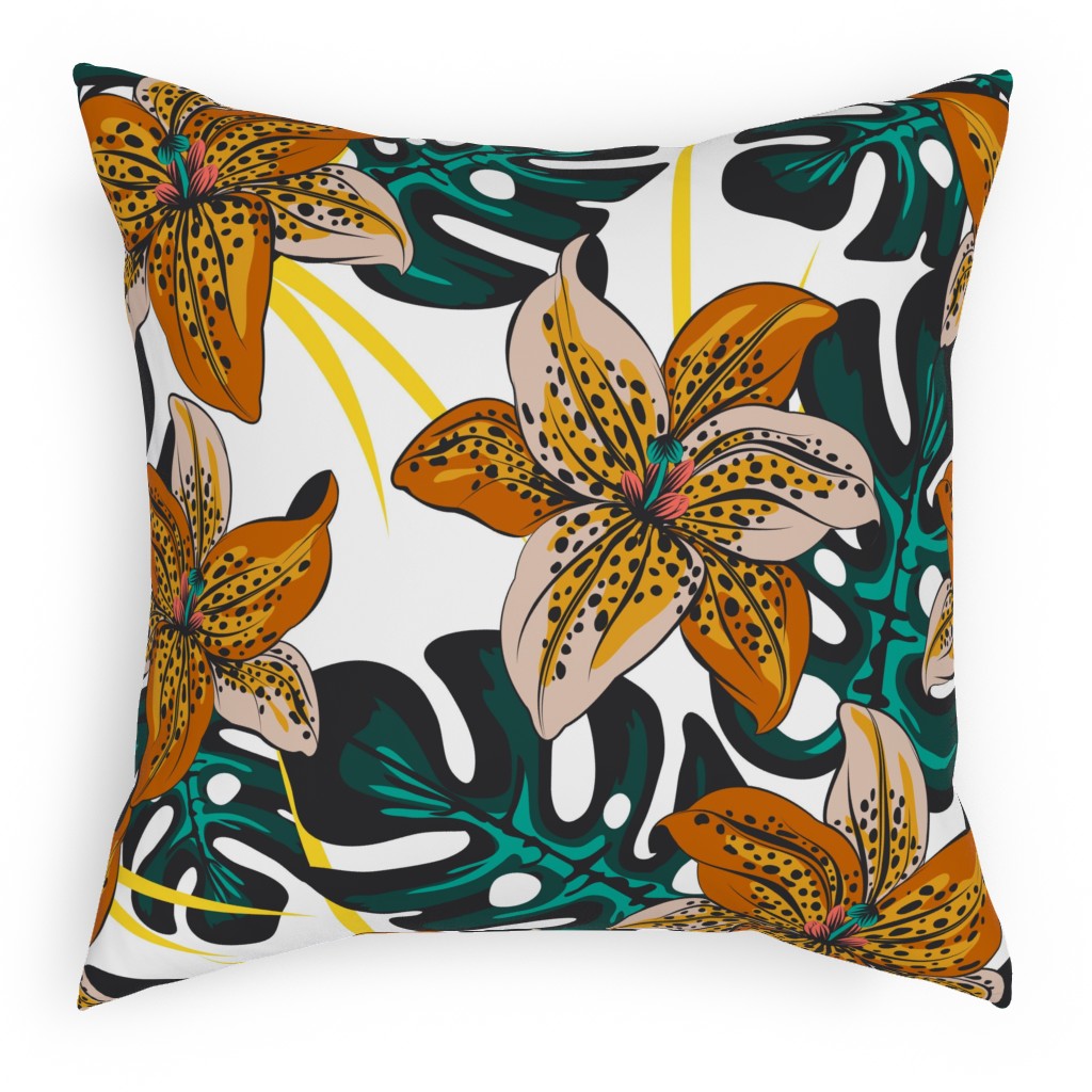 Tropical Lily on White Pillow, Woven, Beige, 18x18, Single Sided, Multicolor