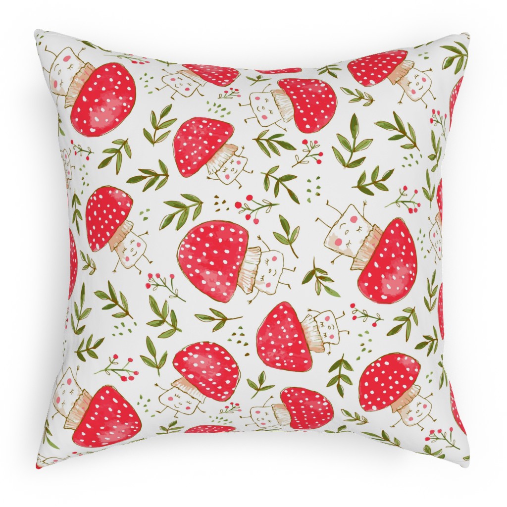 the Happiest Little Mushrooms - Red Pillow, Woven, Beige, 18x18, Single Sided, Red