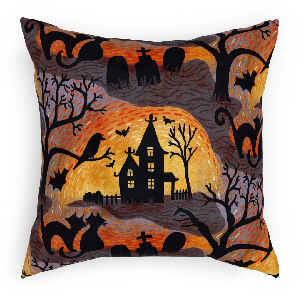 Spooky Halloween Haunts Pillow, Woven, Beige, 18x18, Single Sided, Multicolor