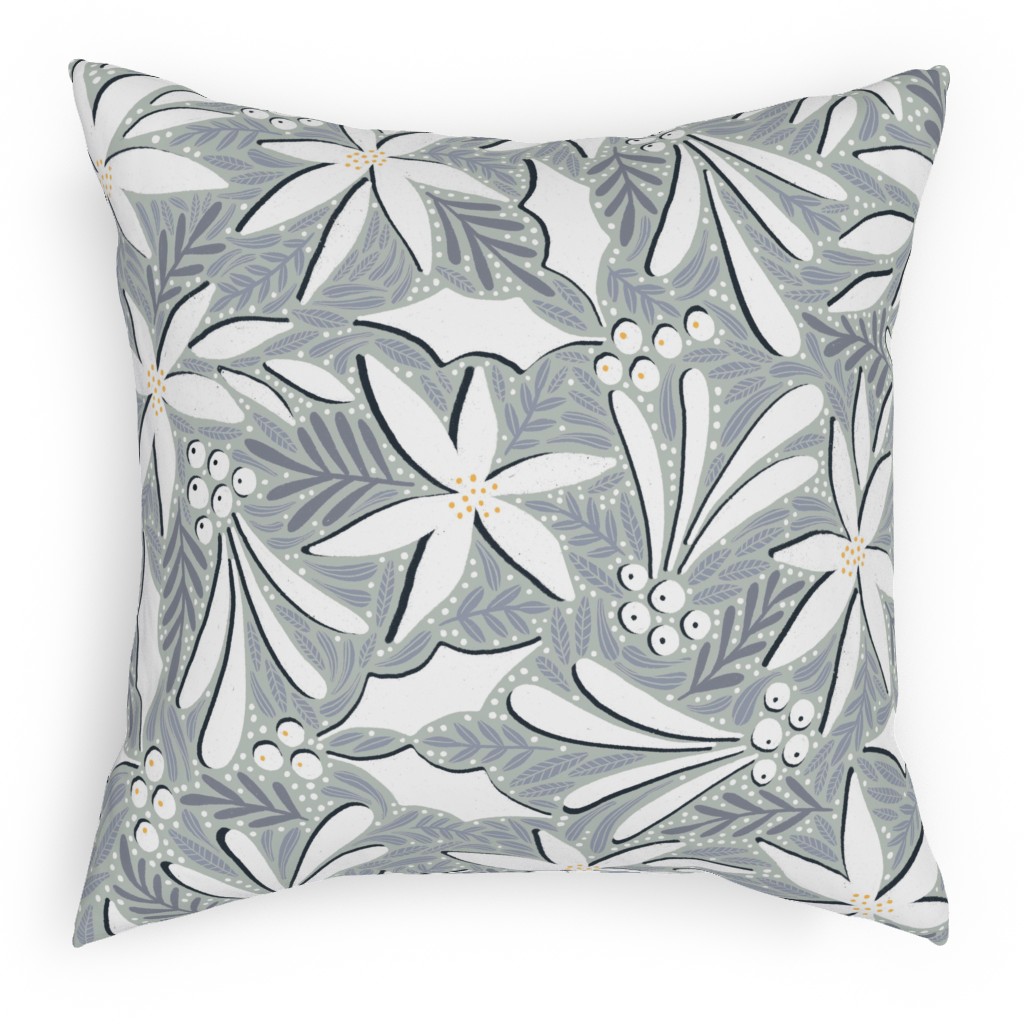 Poinsettia, Holly, & Mistletoe - White & Grey Pillow, Woven, Beige, 18x18, Single Sided, Gray