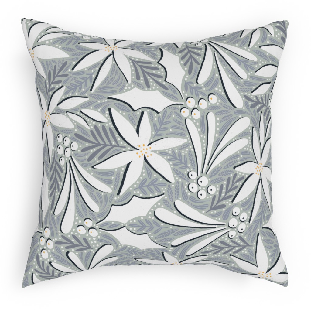 Poinsettia, Holly, & Mistletoe - White & Grey Pillow, Woven, Beige, 18x18, Single Sided, Gray, Gray