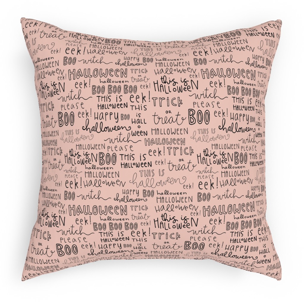 Halloween Words - Black Pillow, Woven, Beige, 18x18, Single Sided, Pink, Bright Pink