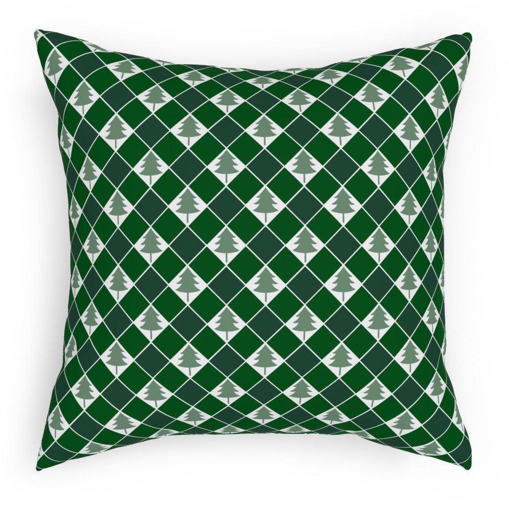 Christmas Tree Checkers - Green Pillow, Woven, Beige, 18x18, Single Sided, Green