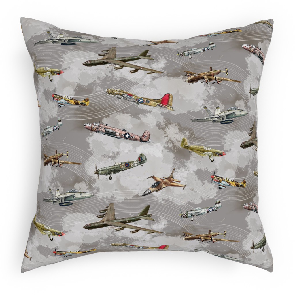 Military Planes Pillow, Woven, Beige, 18x18, Single Sided, Gray