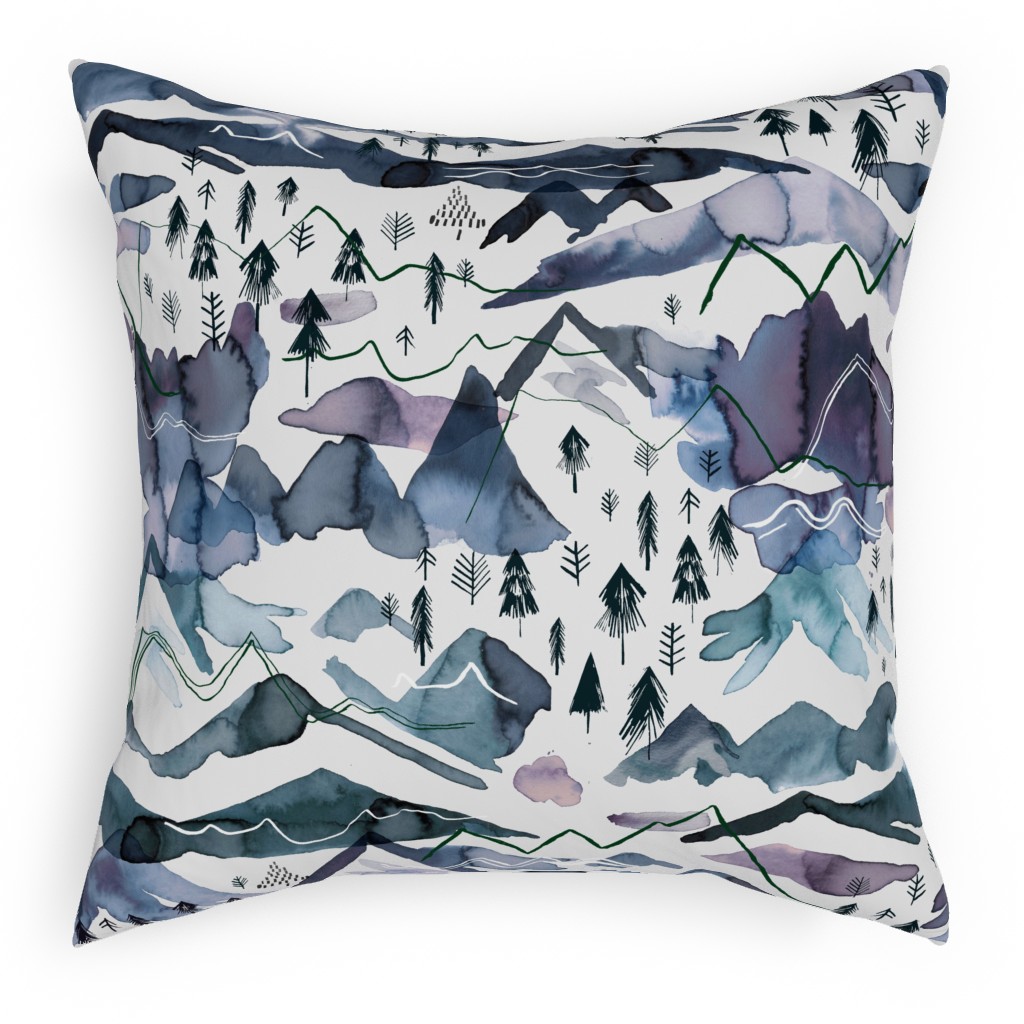 Watercolor Mountains Landscape - Blue Pillow, Woven, Beige, 18x18, Single Sided, Blue, True Blue