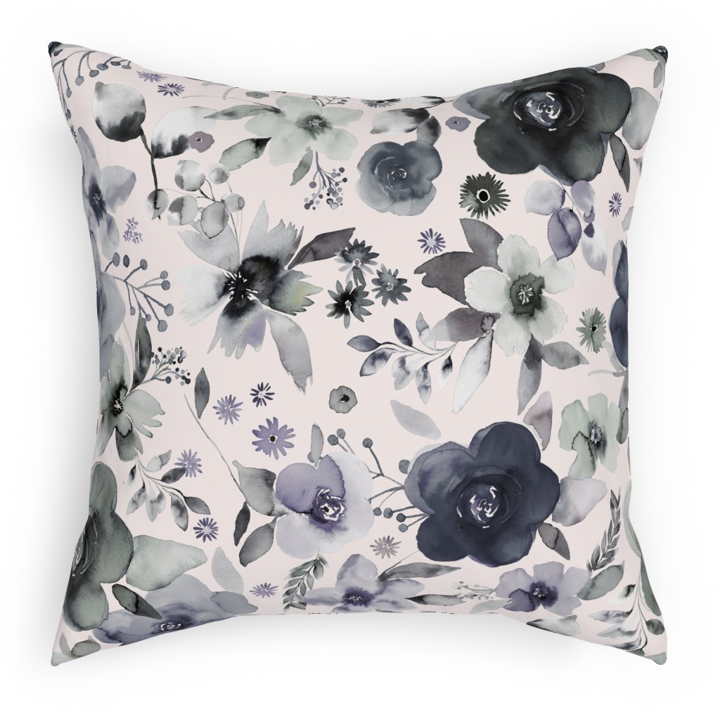 Wintery Watercolor Flower Bouquets - Navy Pillow, Woven, Beige, 18x18, Single Sided, Blue