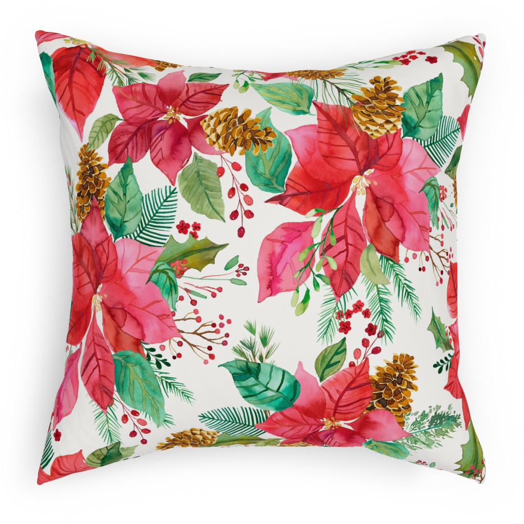 Poinsettias Christmas Flower Bouquets - Red Pillow, Woven, Beige, 18x18, Single Sided, Red