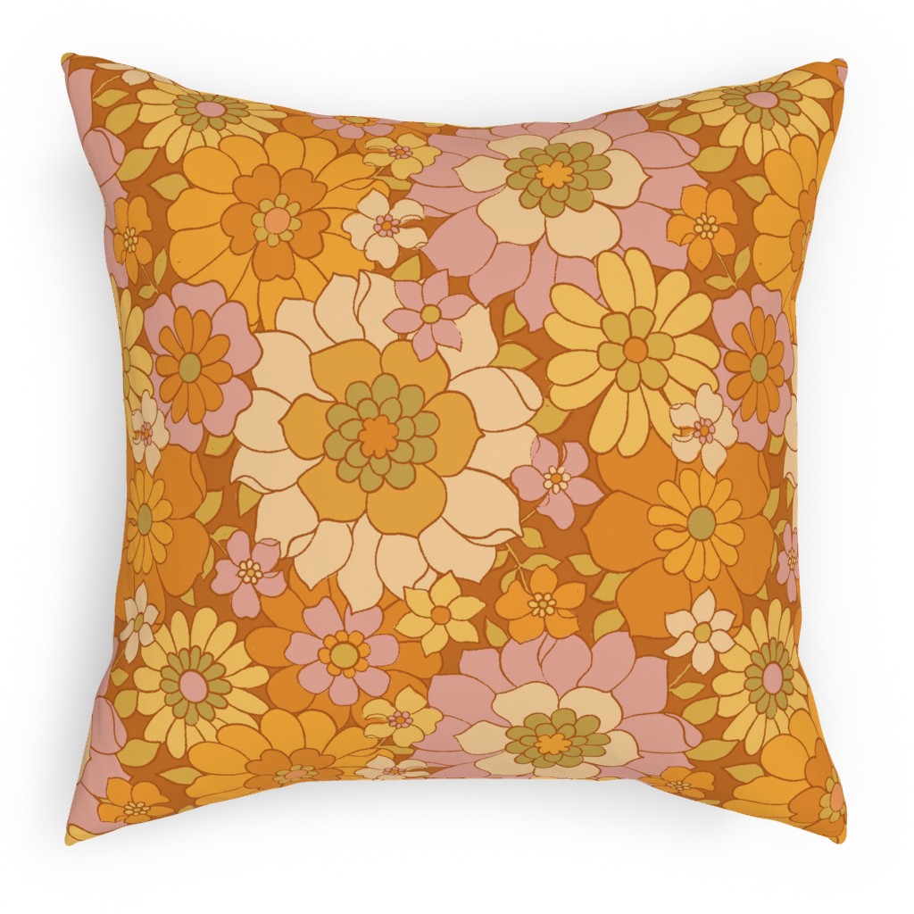 Avery Retro Floral Pillow, Woven, Beige, 18x18, Single Sided, Orange, Tawny