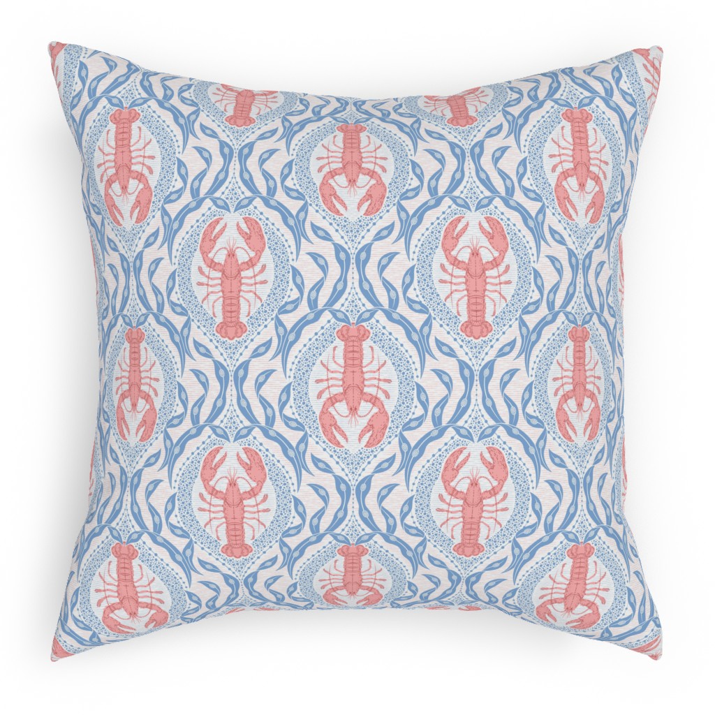 Lobster and Seaweed Nautical Damask - White, Coral Pink and Cornflower Blue Pillow, Woven, Beige, 18x18, Single Sided, Blue