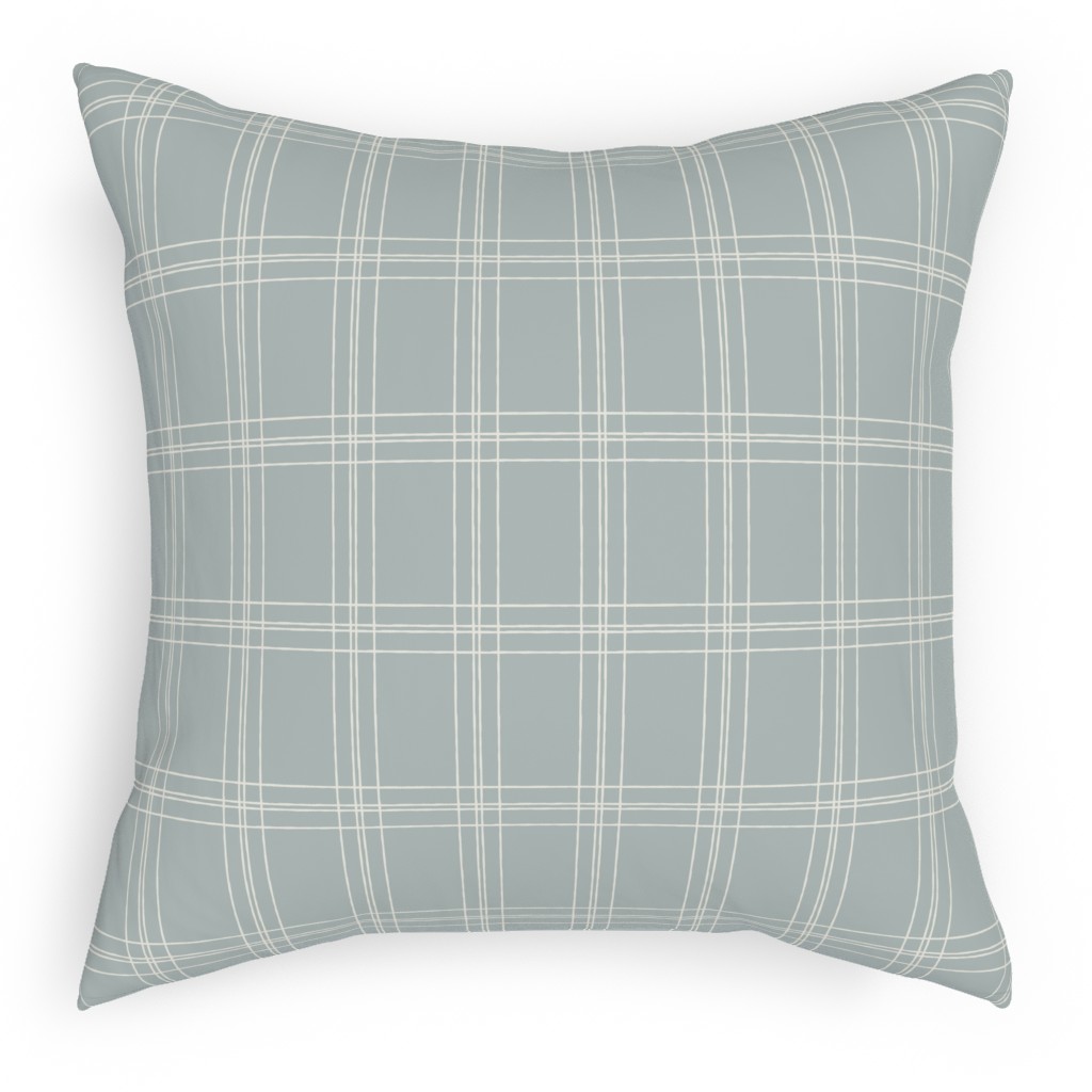 Lined Linens - Quad Plaid - Ivory, Blue Pillow, Woven, Beige, 18x18, Single Sided, Blue, True Blue