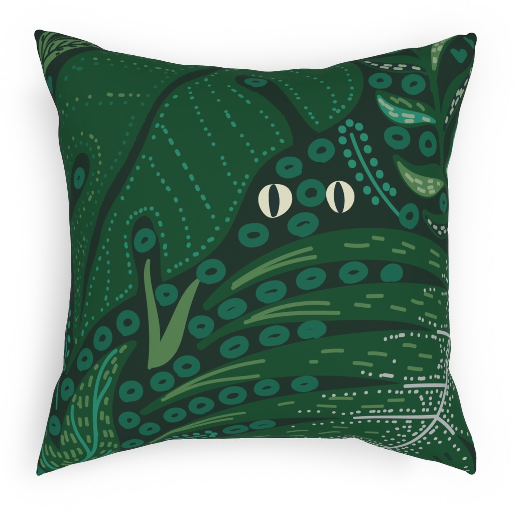 Hiding in Moody Tropical Leaves - Green Pillow, Woven, Beige, 18x18, Single Sided, Green